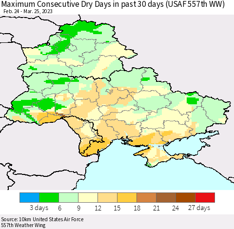 Ukraine, Moldova and Belarus Maximum Consecutive Dry Days in past 30 days (USAF 557th WW) 03/25/2023 Thematic Map For 3/21/2023 - 3/25/2023