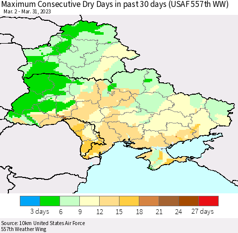Ukraine, Moldova and Belarus Maximum Consecutive Dry Days in past 30 days (USAF 557th WW) 03/31/2023 Thematic Map For 3/26/2023 - 3/31/2023
