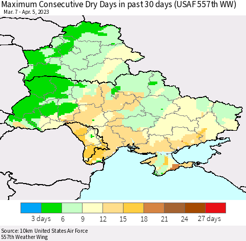 Ukraine, Moldova and Belarus Maximum Consecutive Dry Days in past 30 days (USAF 557th WW) 04/05/2023 Thematic Map For 4/1/2023 - 4/5/2023