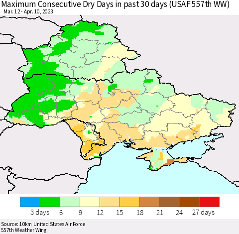Ukraine, Moldova and Belarus Maximum Consecutive Dry Days in past 30 days (USAF 557th WW) 04/10/2023 Thematic Map For 4/6/2023 - 4/10/2023