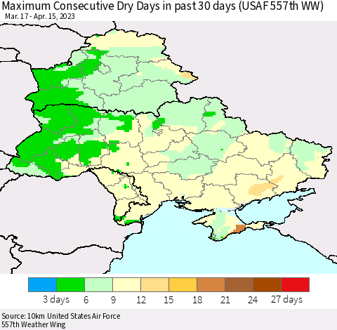 Ukraine, Moldova and Belarus Maximum Consecutive Dry Days in past 30 days (USAF 557th WW) 04/15/2023 Thematic Map For 4/11/2023 - 4/15/2023