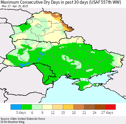 Ukraine, Moldova and Belarus Maximum Consecutive Dry Days in past 30 days (USAF 557th WW) 04/25/2023 Thematic Map For 4/21/2023 - 4/25/2023