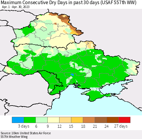 Ukraine, Moldova and Belarus Maximum Consecutive Dry Days in past 30 days (USAF 557th WW) 04/30/2023 Thematic Map For 4/26/2023 - 4/30/2023