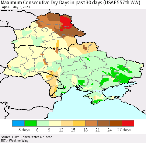 Ukraine, Moldova and Belarus Maximum Consecutive Dry Days in past 30 days (USAF 557th WW) 05/05/2023 Thematic Map For 5/1/2023 - 5/5/2023