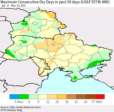Ukraine, Moldova and Belarus Maximum Consecutive Dry Days in past 30 days (USAF 557th WW) 05/10/2023 Thematic Map For 5/6/2023 - 5/10/2023