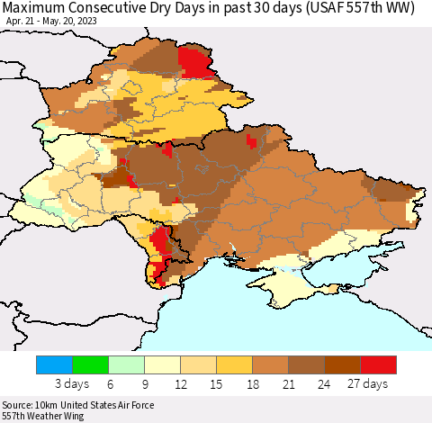 Ukraine, Moldova and Belarus Maximum Consecutive Dry Days in past 30 days (USAF 557th WW) 05/20/2023 Thematic Map For 5/16/2023 - 5/20/2023