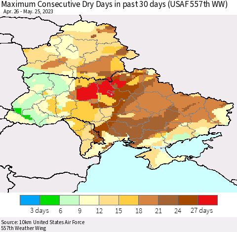 Ukraine, Moldova and Belarus Maximum Consecutive Dry Days in past 30 days (USAF 557th WW) 05/25/2023 Thematic Map For 5/21/2023 - 5/25/2023