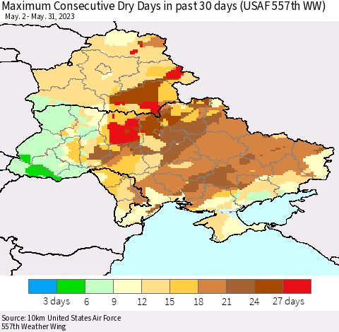 Ukraine, Moldova and Belarus Maximum Consecutive Dry Days in past 30 days (USAF 557th WW) 05/31/2023 Thematic Map For 5/26/2023 - 5/31/2023