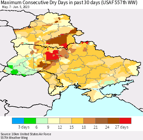 Ukraine, Moldova and Belarus Maximum Consecutive Dry Days in past 30 days (USAF 557th WW) 06/05/2023 Thematic Map For 6/1/2023 - 6/5/2023