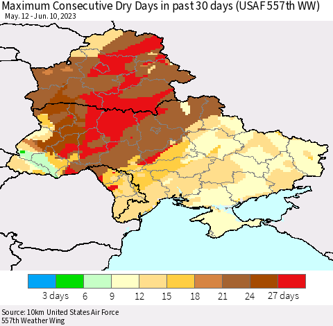 Ukraine, Moldova and Belarus Maximum Consecutive Dry Days in past 30 days (USAF 557th WW) 06/10/2023 Thematic Map For 6/6/2023 - 6/10/2023