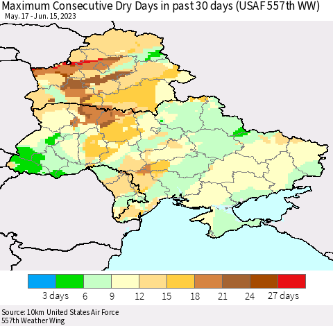 Ukraine, Moldova and Belarus Maximum Consecutive Dry Days in past 30 days (USAF 557th WW) 06/15/2023 Thematic Map For 6/11/2023 - 6/15/2023
