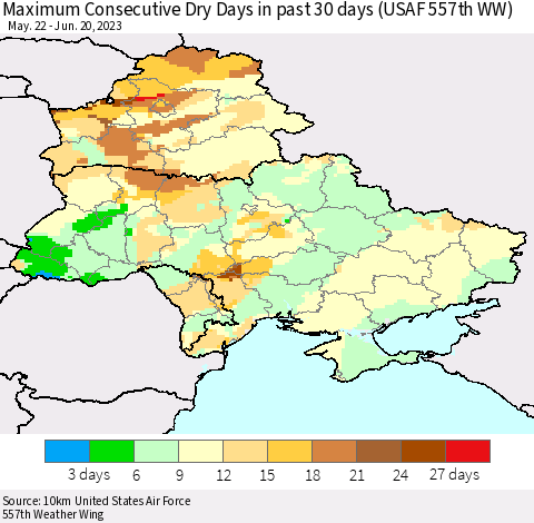 Ukraine, Moldova and Belarus Maximum Consecutive Dry Days in past 30 days (USAF 557th WW) 06/20/2023 Thematic Map For 6/16/2023 - 6/20/2023