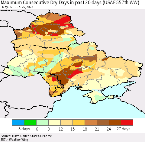 Ukraine, Moldova and Belarus Maximum Consecutive Dry Days in past 30 days (USAF 557th WW) 06/25/2023 Thematic Map For 6/21/2023 - 6/25/2023