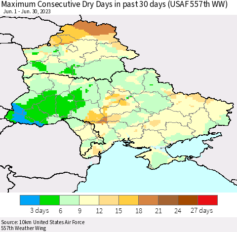 Ukraine, Moldova and Belarus Maximum Consecutive Dry Days in past 30 days (USAF 557th WW) 06/30/2023 Thematic Map For 6/26/2023 - 6/30/2023