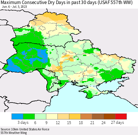 Ukraine, Moldova and Belarus Maximum Consecutive Dry Days in past 30 days (USAF 557th WW) 07/05/2023 Thematic Map For 7/1/2023 - 7/5/2023
