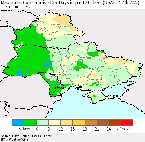 Ukraine, Moldova and Belarus Maximum Consecutive Dry Days in past 30 days (USAF 557th WW) 07/10/2023 Thematic Map For 7/6/2023 - 7/10/2023