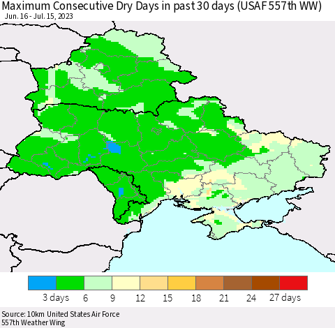 Ukraine, Moldova and Belarus Maximum Consecutive Dry Days in past 30 days (USAF 557th WW) 07/15/2023 Thematic Map For 7/11/2023 - 7/15/2023