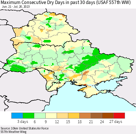 Ukraine, Moldova and Belarus Maximum Consecutive Dry Days in past 30 days (USAF 557th WW) 07/20/2023 Thematic Map For 7/16/2023 - 7/20/2023