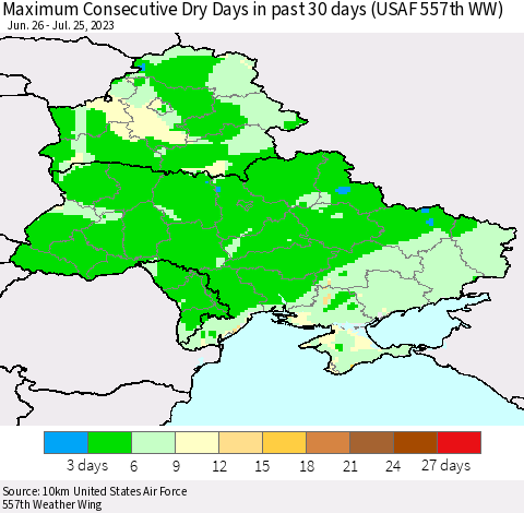 Ukraine, Moldova and Belarus Maximum Consecutive Dry Days in past 30 days (USAF 557th WW) 07/25/2023 Thematic Map For 7/21/2023 - 7/25/2023