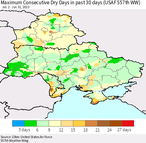 Ukraine, Moldova and Belarus Maximum Consecutive Dry Days in past 30 days (USAF 557th WW) 07/31/2023 Thematic Map For 7/26/2023 - 7/31/2023