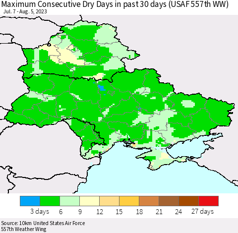 Ukraine, Moldova and Belarus Maximum Consecutive Dry Days in past 30 days (USAF 557th WW) 08/05/2023 Thematic Map For 8/1/2023 - 8/5/2023