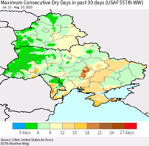 Ukraine, Moldova and Belarus Maximum Consecutive Dry Days in past 30 days (USAF 557th WW) 08/10/2023 Thematic Map For 8/6/2023 - 8/10/2023