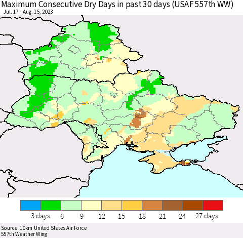 Ukraine, Moldova and Belarus Maximum Consecutive Dry Days in past 30 days (USAF 557th WW) 08/15/2023 Thematic Map For 8/11/2023 - 8/15/2023