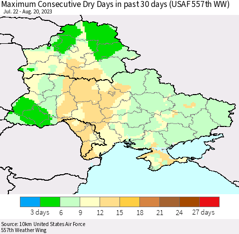 Ukraine, Moldova and Belarus Maximum Consecutive Dry Days in past 30 days (USAF 557th WW) 08/20/2023 Thematic Map For 8/16/2023 - 8/20/2023