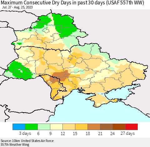 Ukraine, Moldova and Belarus Maximum Consecutive Dry Days in past 30 days (USAF 557th WW) 08/25/2023 Thematic Map For 8/21/2023 - 8/25/2023