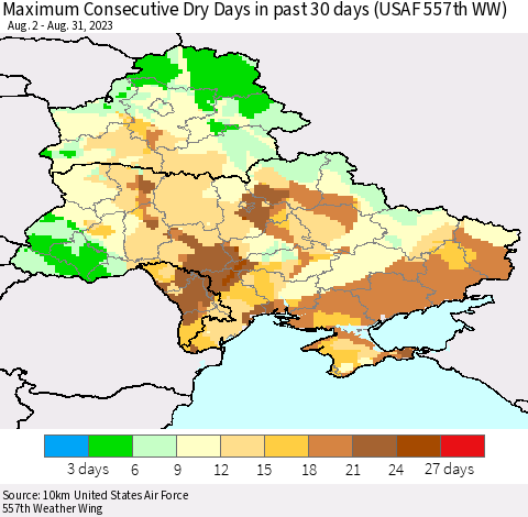 Ukraine, Moldova and Belarus Maximum Consecutive Dry Days in past 30 days (USAF 557th WW) 08/31/2023 Thematic Map For 8/26/2023 - 8/31/2023