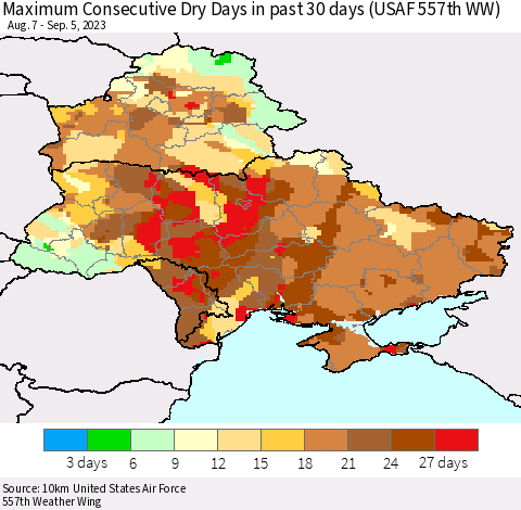 Ukraine, Moldova and Belarus Maximum Consecutive Dry Days in past 30 days (USAF 557th WW) 09/05/2023 Thematic Map For 9/1/2023 - 9/5/2023