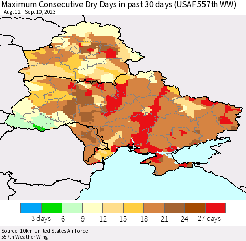 Ukraine, Moldova and Belarus Maximum Consecutive Dry Days in past 30 days (USAF 557th WW) 09/10/2023 Thematic Map For 9/6/2023 - 9/10/2023