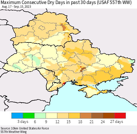 Ukraine, Moldova and Belarus Maximum Consecutive Dry Days in past 30 days (USAF 557th WW) 09/15/2023 Thematic Map For 9/11/2023 - 9/15/2023