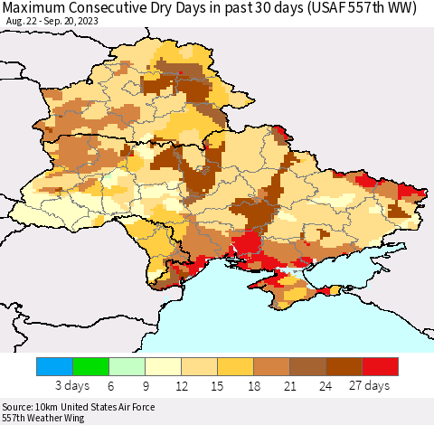 Ukraine, Moldova and Belarus Maximum Consecutive Dry Days in past 30 days (USAF 557th WW) 09/20/2023 Thematic Map For 9/16/2023 - 9/20/2023