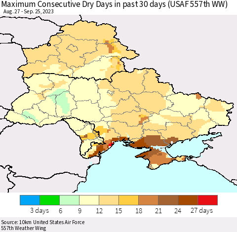 Ukraine, Moldova and Belarus Maximum Consecutive Dry Days in past 30 days (USAF 557th WW) 09/25/2023 Thematic Map For 9/21/2023 - 9/25/2023