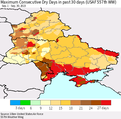 Ukraine, Moldova and Belarus Maximum Consecutive Dry Days in past 30 days (USAF 557th WW) 09/30/2023 Thematic Map For 9/26/2023 - 9/30/2023