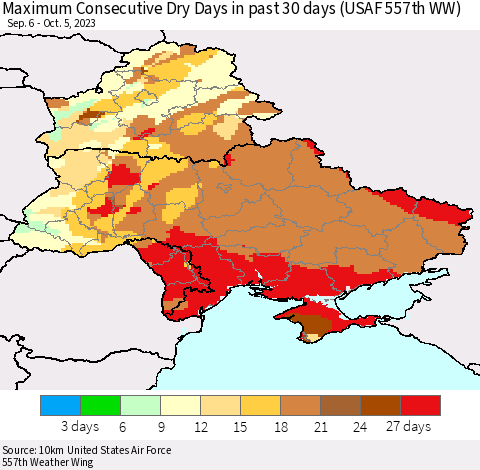 Ukraine, Moldova and Belarus Maximum Consecutive Dry Days in past 30 days (USAF 557th WW) 10/05/2023 Thematic Map For 10/1/2023 - 10/5/2023
