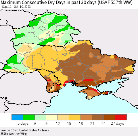 Ukraine, Moldova and Belarus Maximum Consecutive Dry Days in past 30 days (USAF 557th WW) 10/10/2023 Thematic Map For 10/6/2023 - 10/10/2023
