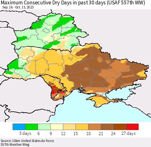 Ukraine, Moldova and Belarus Maximum Consecutive Dry Days in past 30 days (USAF 557th WW) 10/15/2023 Thematic Map For 10/11/2023 - 10/15/2023