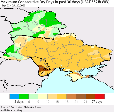Ukraine, Moldova and Belarus Maximum Consecutive Dry Days in past 30 days (USAF 557th WW) 10/20/2023 Thematic Map For 10/16/2023 - 10/20/2023
