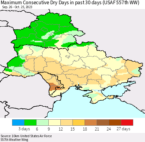 Ukraine, Moldova and Belarus Maximum Consecutive Dry Days in past 30 days (USAF 557th WW) 10/25/2023 Thematic Map For 10/21/2023 - 10/25/2023
