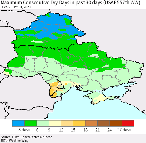 Ukraine, Moldova and Belarus Maximum Consecutive Dry Days in past 30 days (USAF 557th WW) 10/31/2023 Thematic Map For 10/26/2023 - 10/31/2023