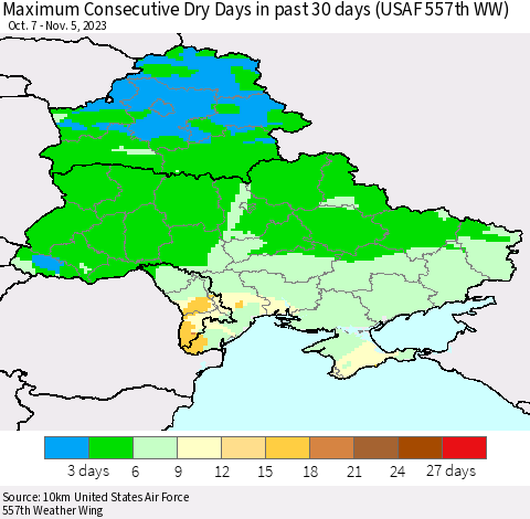 Ukraine, Moldova and Belarus Maximum Consecutive Dry Days in past 30 days (USAF 557th WW) 11/05/2023 Thematic Map For 11/1/2023 - 11/5/2023