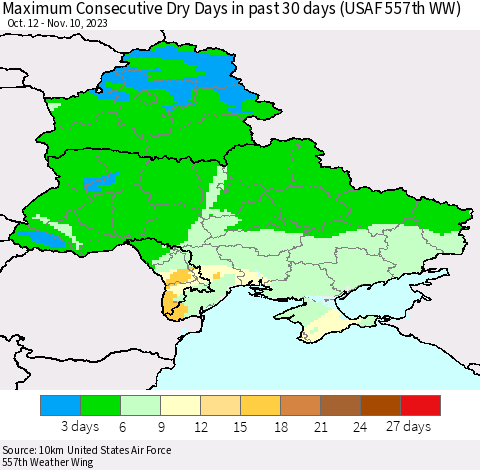 Ukraine, Moldova and Belarus Maximum Consecutive Dry Days in past 30 days (USAF 557th WW) 11/10/2023 Thematic Map For 11/6/2023 - 11/10/2023