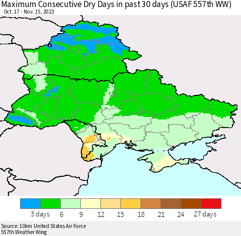 Ukraine, Moldova and Belarus Maximum Consecutive Dry Days in past 30 days (USAF 557th WW) 11/15/2023 Thematic Map For 11/11/2023 - 11/15/2023