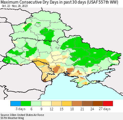 Ukraine, Moldova and Belarus Maximum Consecutive Dry Days in past 30 days (USAF 557th WW) 11/20/2023 Thematic Map For 11/16/2023 - 11/20/2023