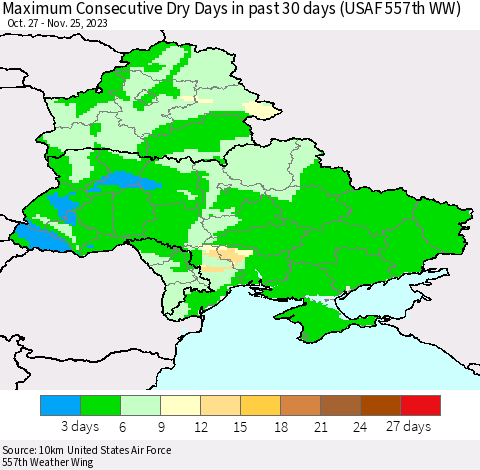 Ukraine, Moldova and Belarus Maximum Consecutive Dry Days in past 30 days (USAF 557th WW) 11/25/2023 Thematic Map For 11/21/2023 - 11/25/2023