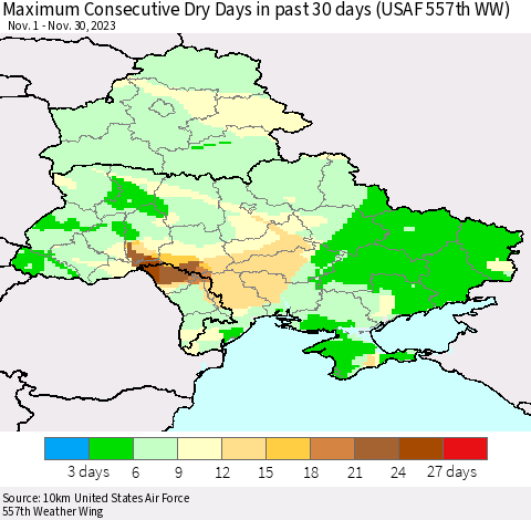 Ukraine, Moldova and Belarus Maximum Consecutive Dry Days in past 30 days (USAF 557th WW) 11/30/2023 Thematic Map For 11/26/2023 - 11/30/2023