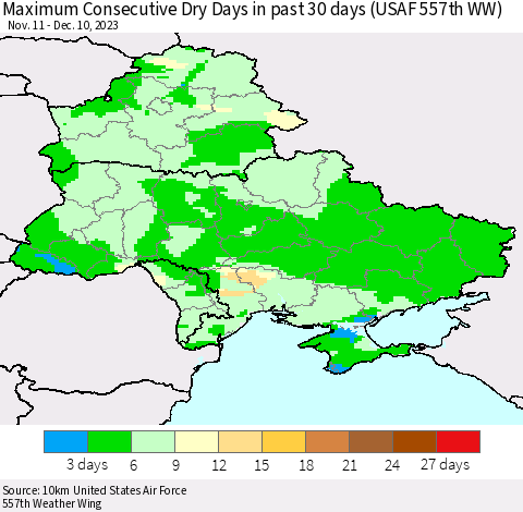 Ukraine, Moldova and Belarus Maximum Consecutive Dry Days in past 30 days (USAF 557th WW) 12/10/2023 Thematic Map For 12/6/2023 - 12/10/2023