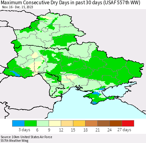 Ukraine, Moldova and Belarus Maximum Consecutive Dry Days in past 30 days (USAF 557th WW) 12/15/2023 Thematic Map For 12/11/2023 - 12/15/2023